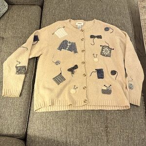 Talbots Beige Knit Cardigan with Navy and Cream Embroidered Motifs